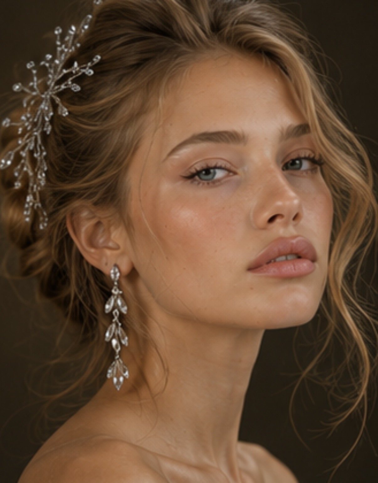 Beauty portrait with diamond earrings and a crystal hair piece