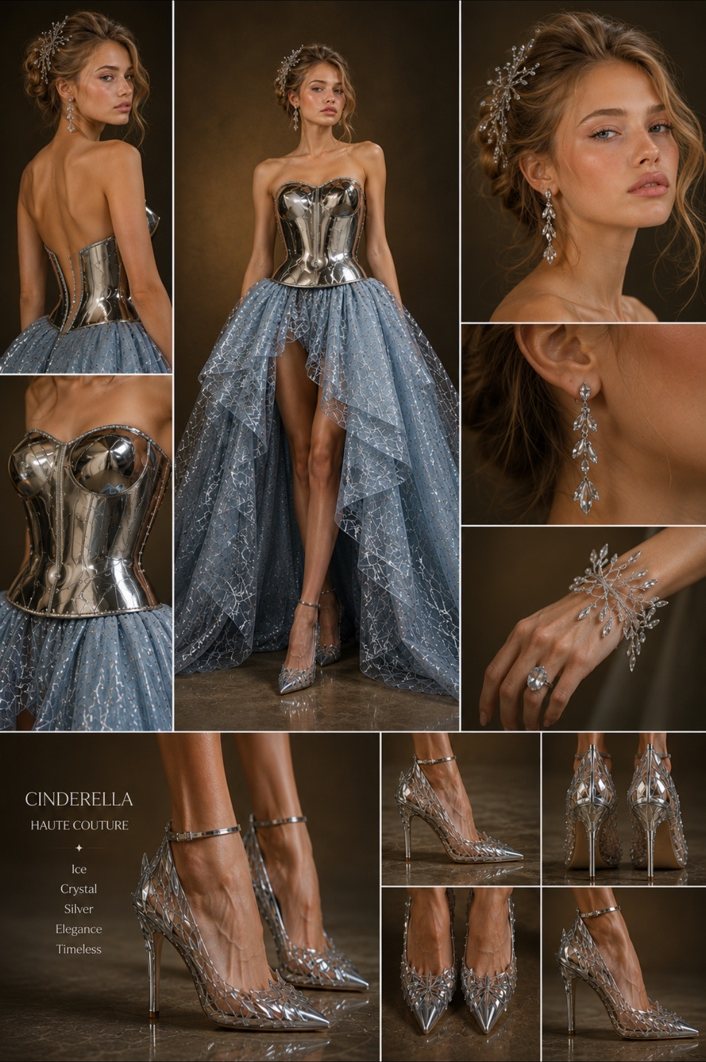 Editorial board of couture gown, jewelry and glass heels