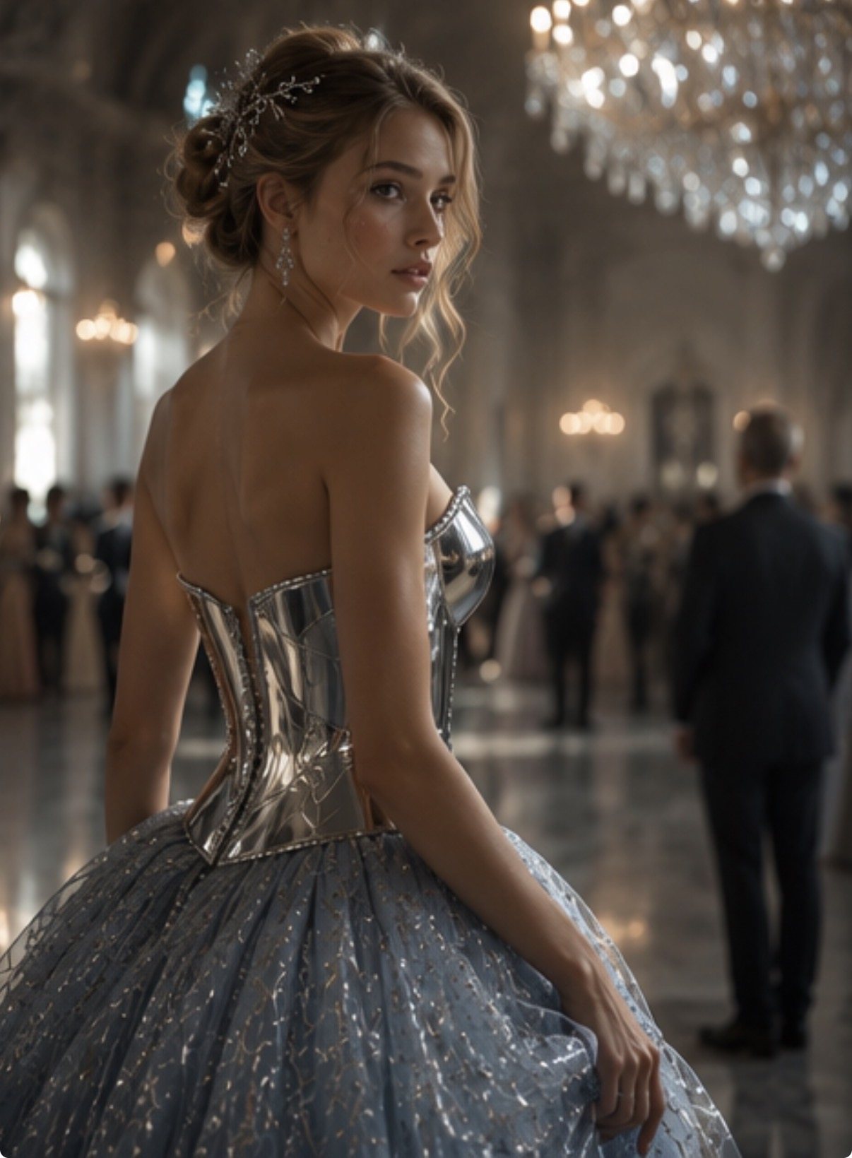 Woman in silver couture gown in a candlelit ballroom