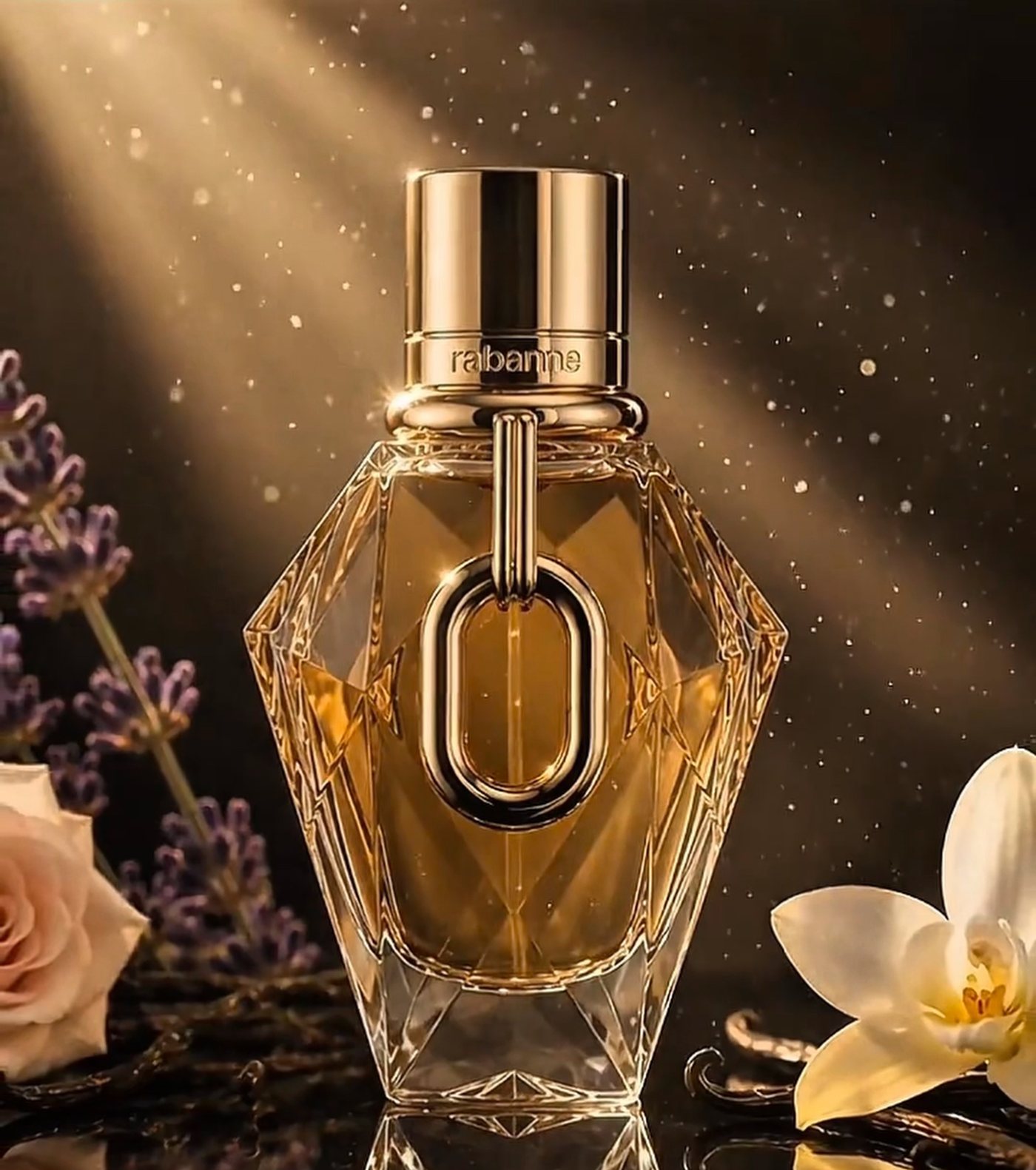 Gold fragrance bottle surrounded by lavender, rose and vanilla flowers
