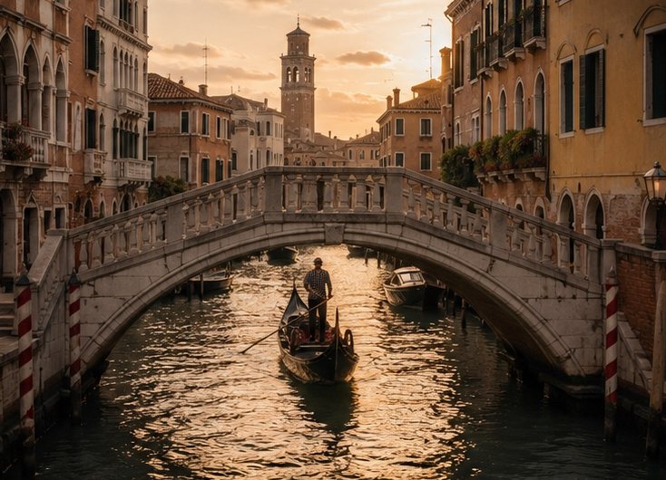 Gondola passing under a stone bridge in Venice at sunset