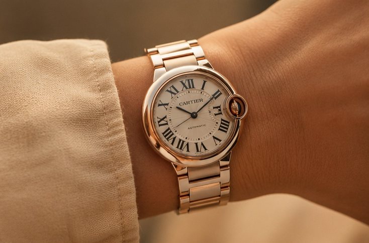 Close-up of a rose-gold watch on a wrist